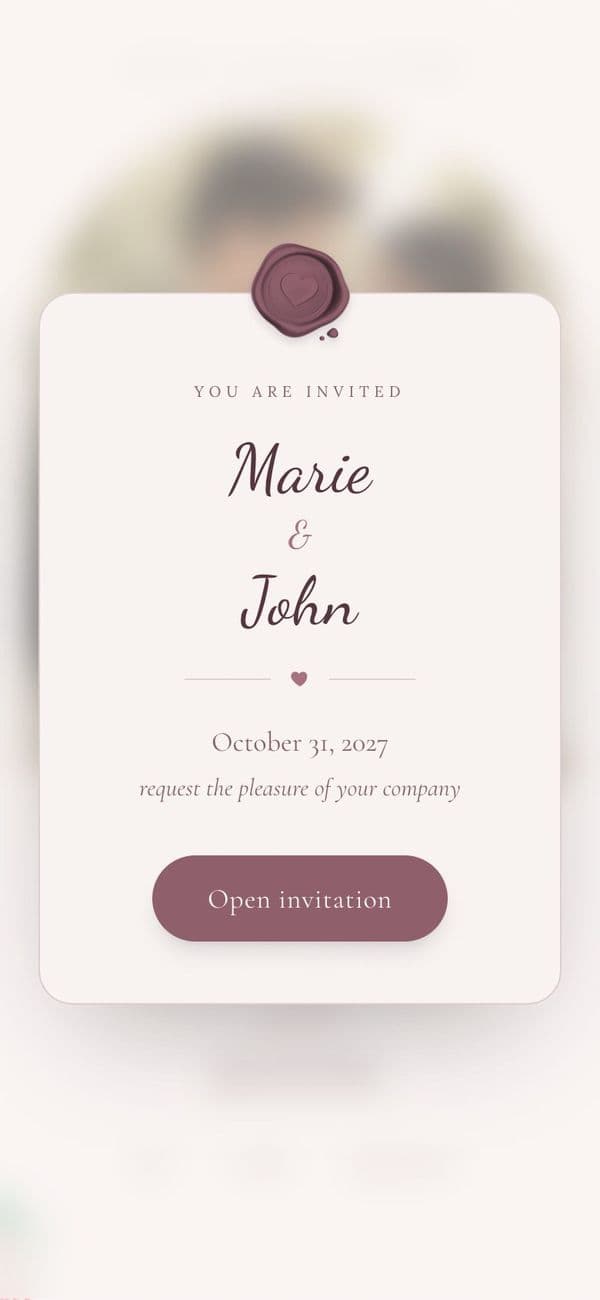 Sealed opening card of the Dusty Rose Romance wedding invitation