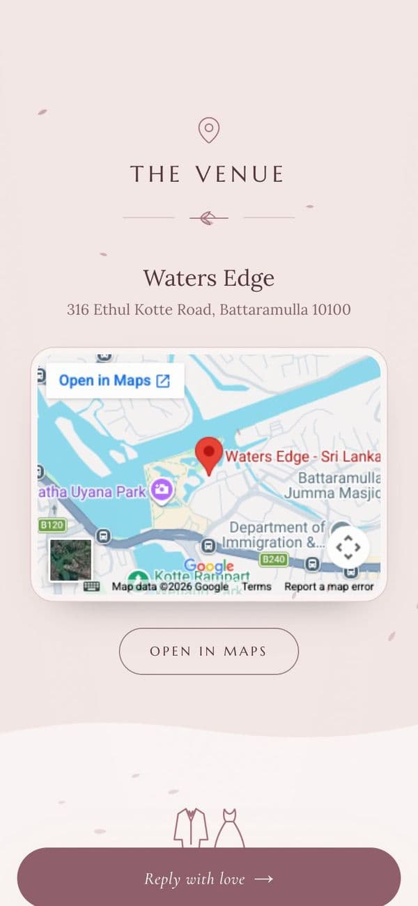 Event and venue details with a map in the Dusty Rose Romance wedding invitation