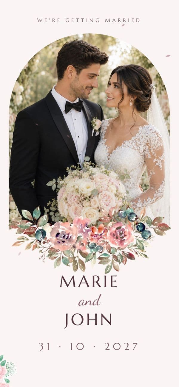 Dusty Rose Romance wedding invitation template, shown with sample names and photo