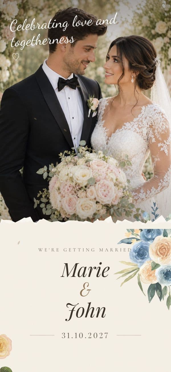 Classic European wedding invitation template, shown with sample names and photo