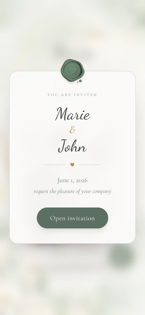 The sealed opening card of a digital wedding invitation in the Floral Rose template