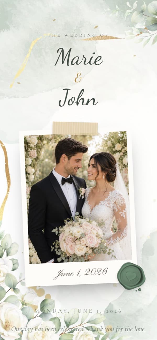 Floral Rose wedding invitation template, shown with sample names and photo