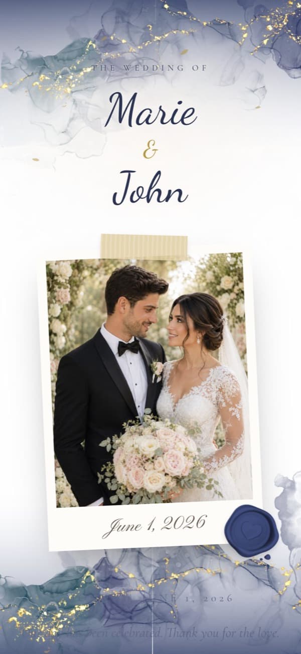 Floral Sapphire wedding invitation template, shown with sample names and photo