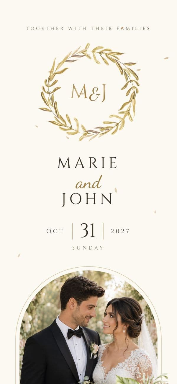 Ivory & Gold wedding invitation template, shown with sample names and photo