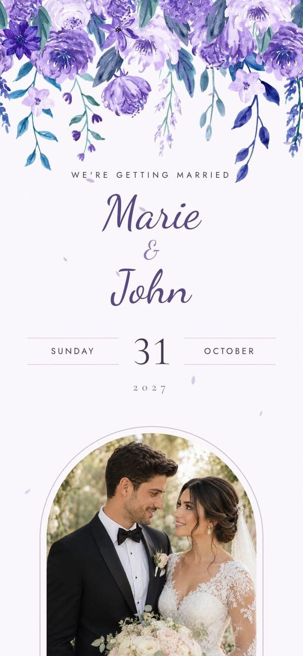 Lavender Watercolor wedding invitation template, shown with sample names and photo