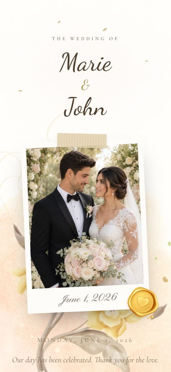Luxury Gold wedding invitation template, shown with sample names and photo