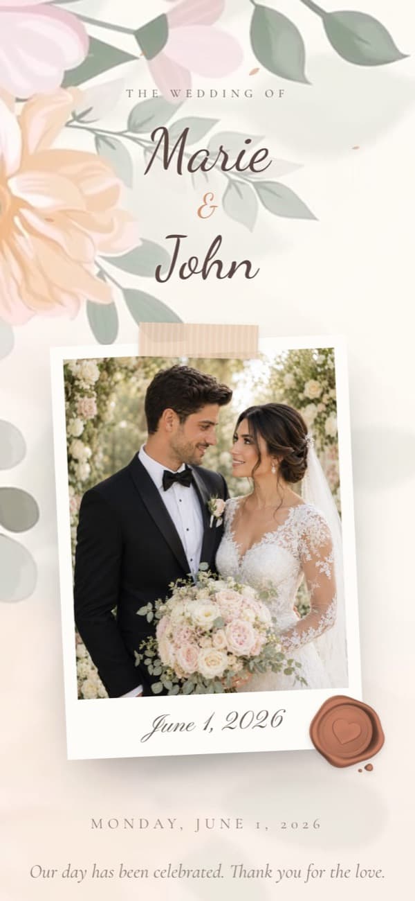 Minimalist Ivory wedding invitation template, shown with sample names and photo