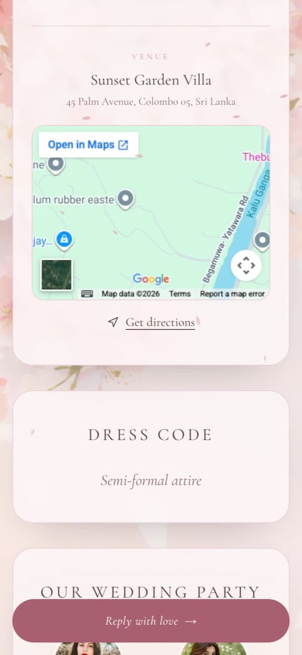 Event and venue details with a map in the Modern Blush wedding invitation