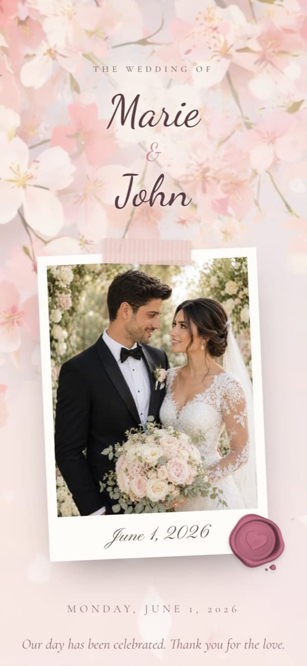 Modern Blush wedding invitation template, shown with sample names and photo