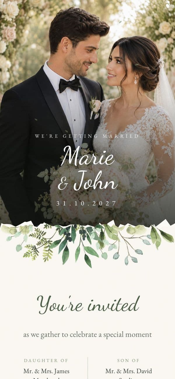 Sage Garden wedding invitation template, shown with sample names and photo