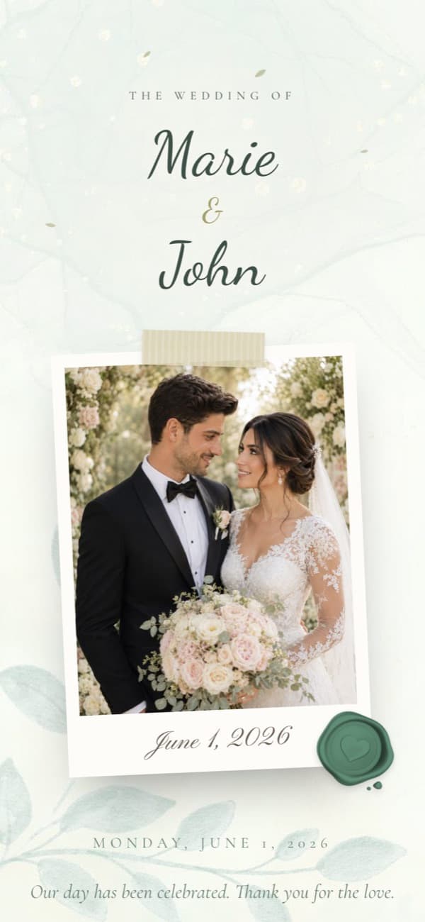 Tropical Garden wedding invitation template, shown with sample names and photo