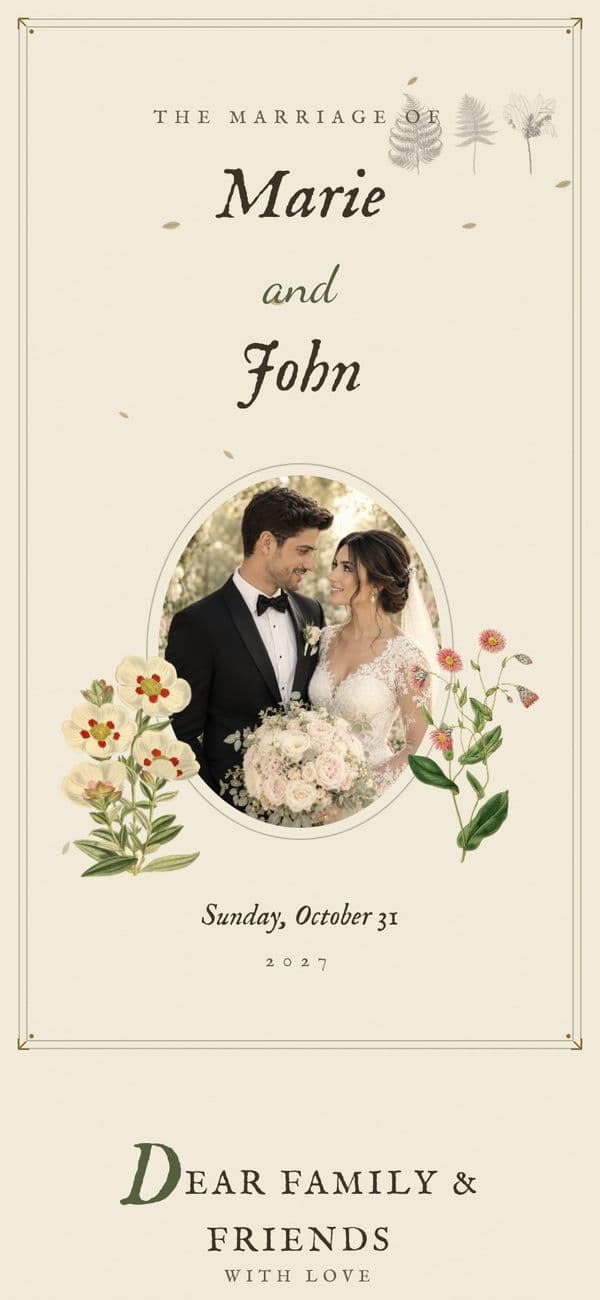 Vintage Botanical wedding invitation template, shown with sample names and photo