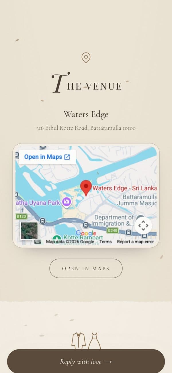 Event and venue details with a map in the Classic European wedding invitation