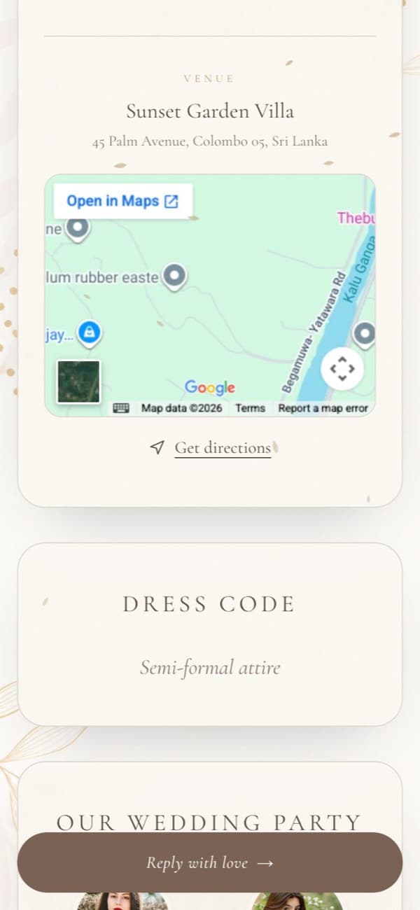 Event and venue details with a map in the Floral Blush wedding invitation
