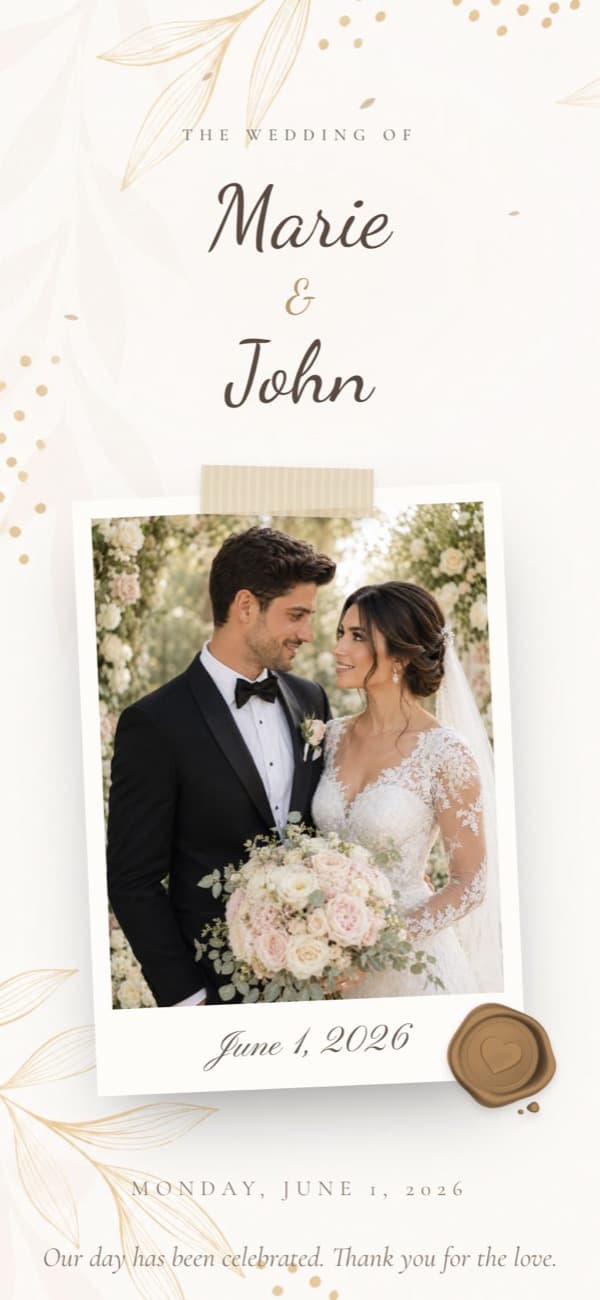 Floral Blush wedding invitation template, shown with sample names and photo