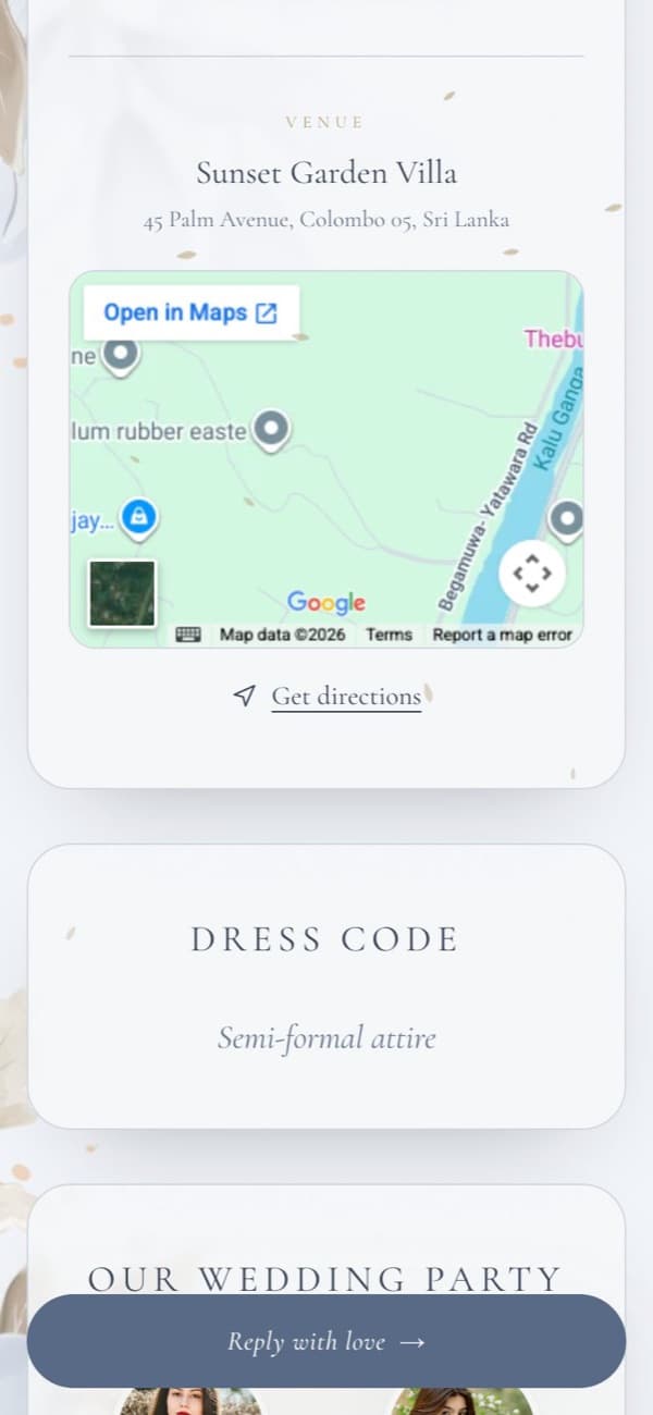 Event and venue details with a map in the Floral Elegance wedding invitation