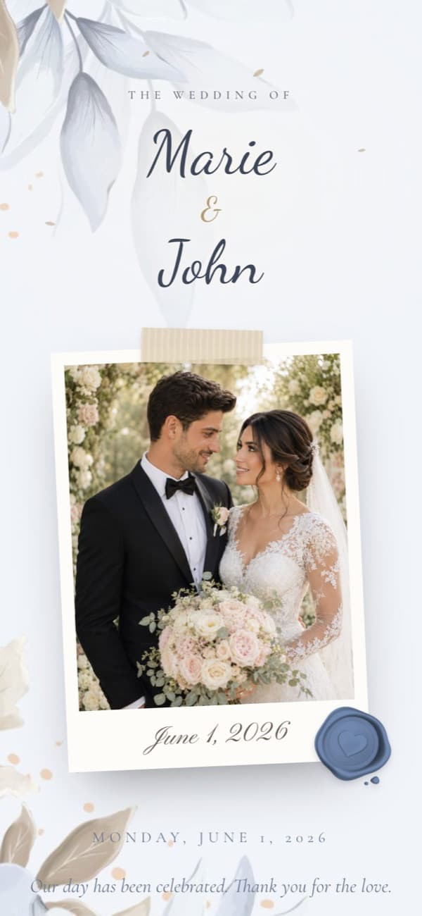 Floral Elegance wedding invitation template, shown with sample names and photo