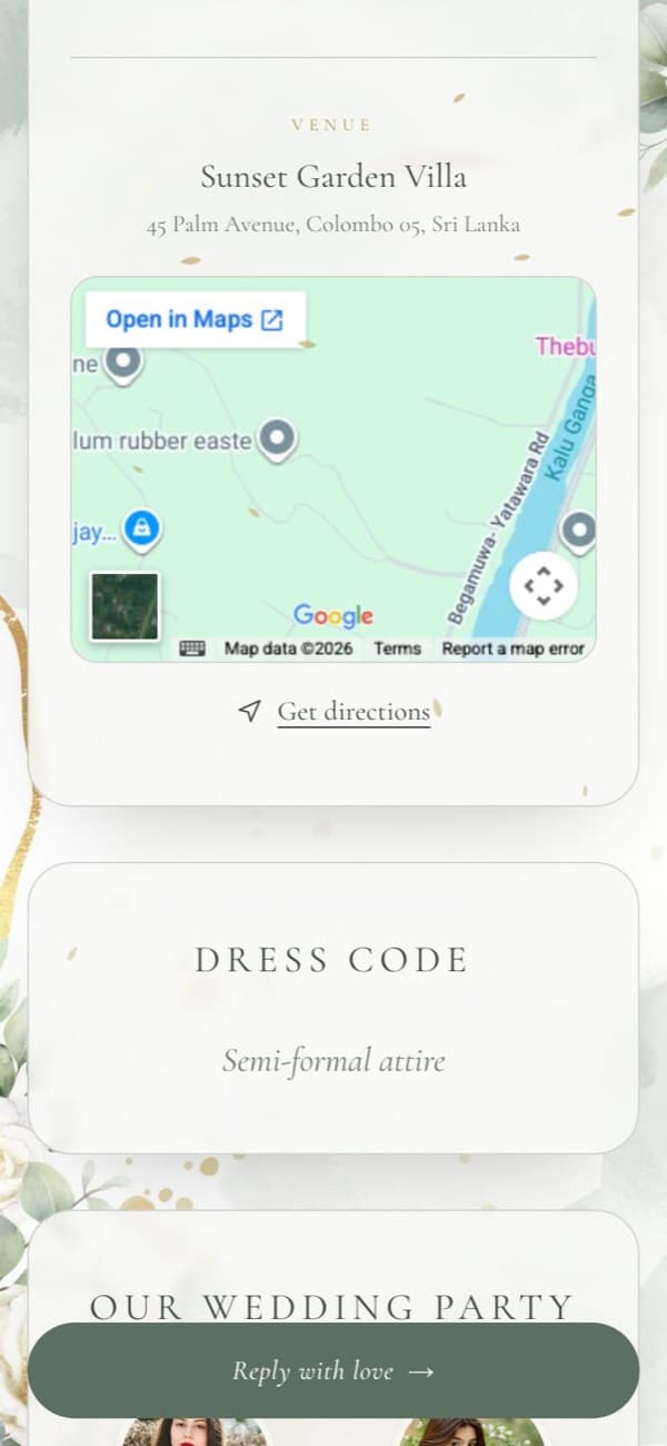 Event and venue details with a map in the Floral Rose wedding invitation