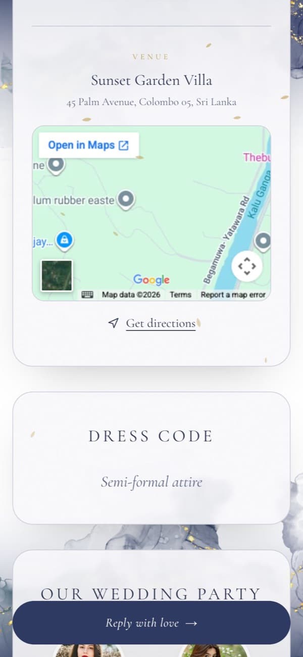 Event details with a venue map in the Floral Sapphire wedding invitation template