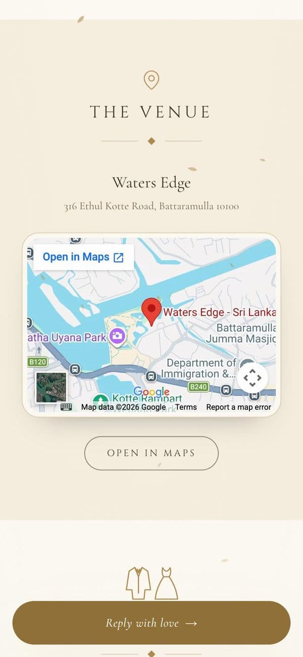 Event and venue details with a map in the Ivory & Gold wedding invitation