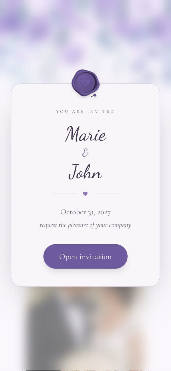 Sealed opening card of the Lavender Watercolor wedding invitation