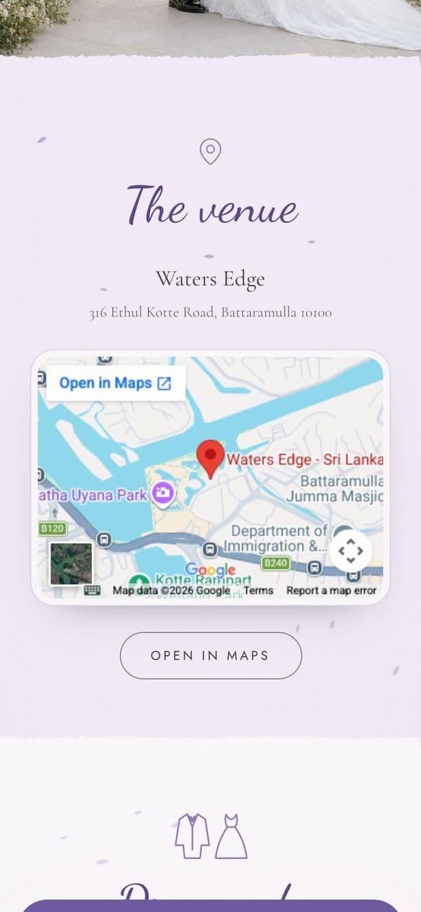 Event and venue details with a map in the Lavender Watercolor wedding invitation