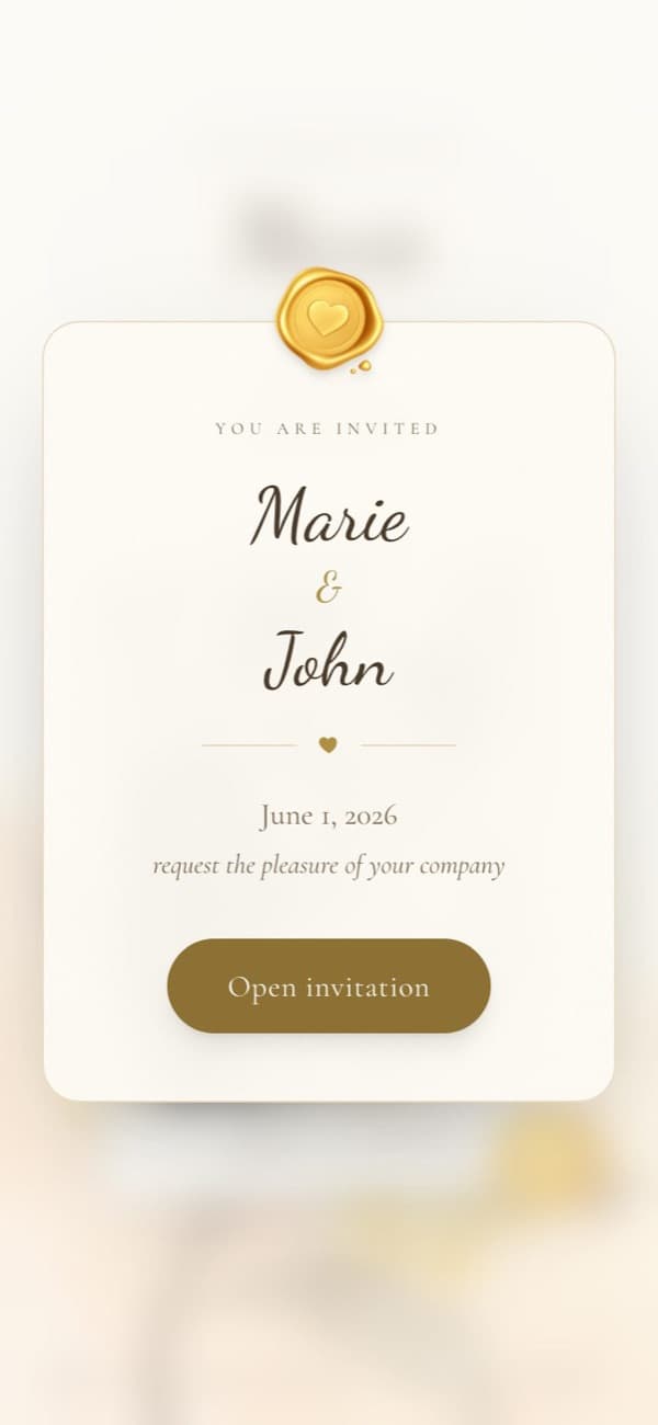 Sealed opening card of the Luxury Gold wedding invitation