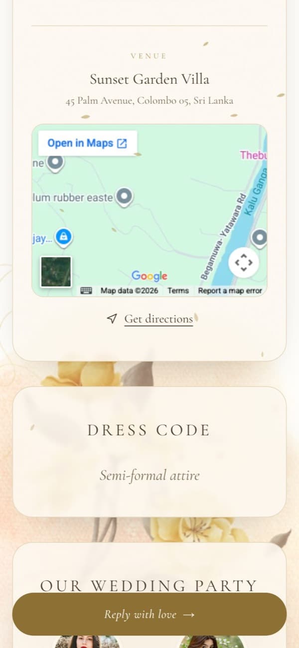 Event and venue details with a map in the Luxury Gold wedding invitation