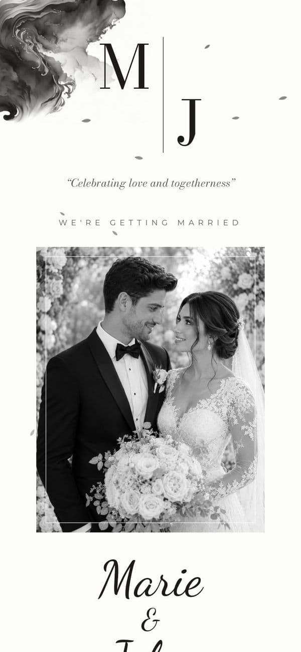 Minimal Luxe wedding invitation template, shown with sample names and photo