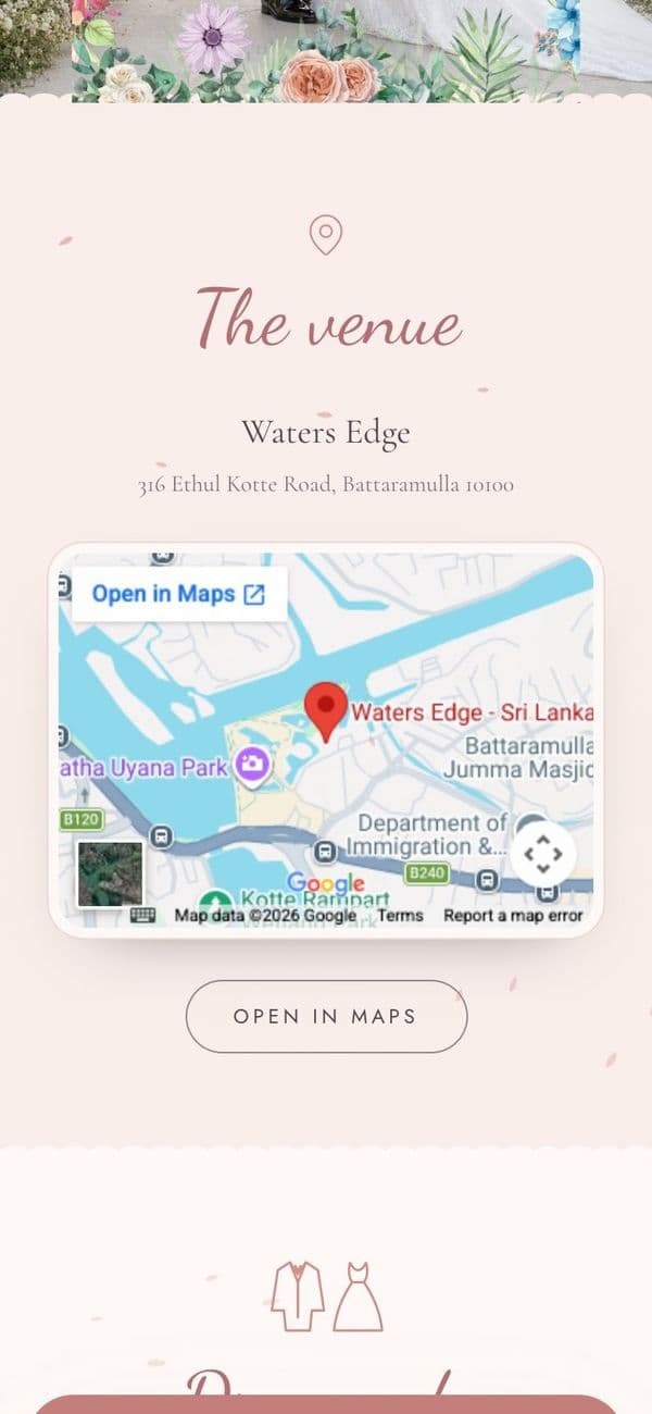 Event and venue details with a map in the Pastel Bloom wedding invitation