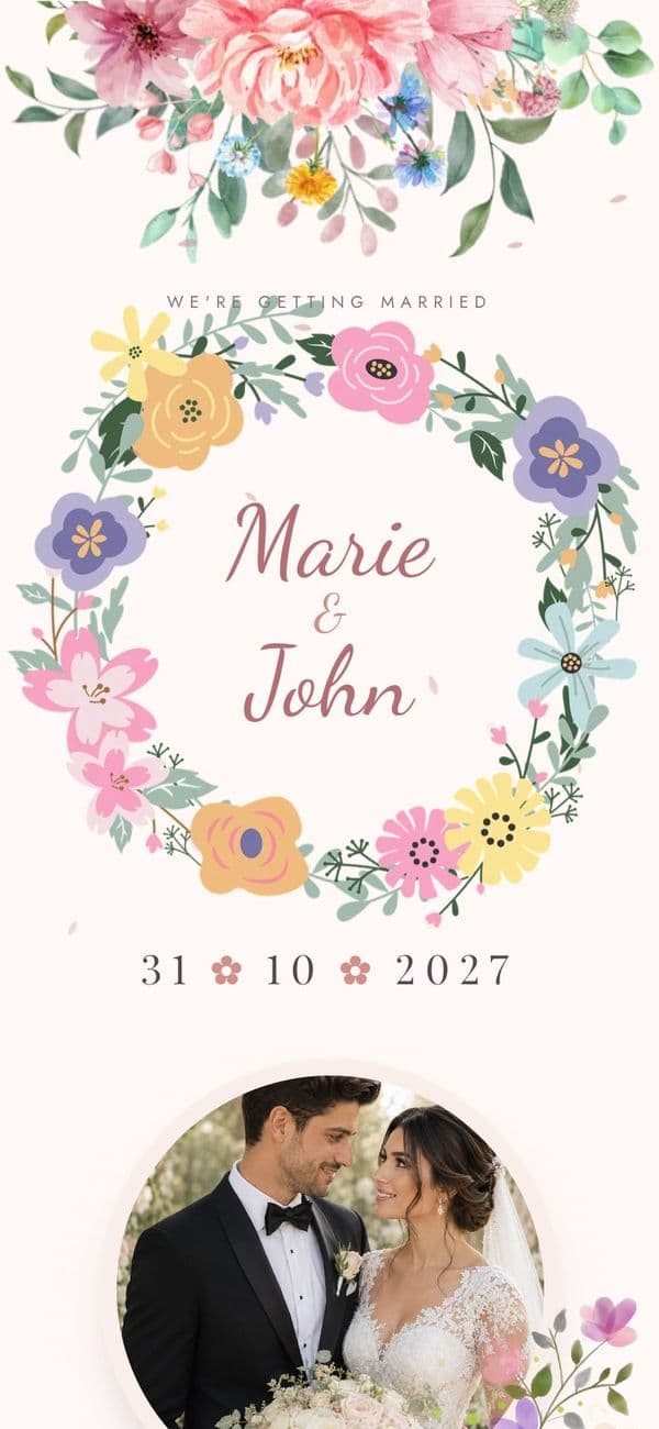Pastel Bloom wedding invitation template, shown with sample names and photo