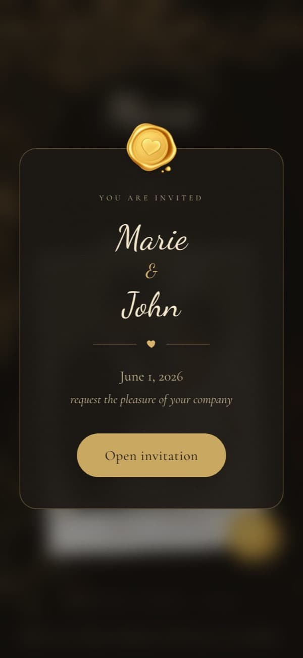 Sealed opening card of the Royal Dark wedding invitation