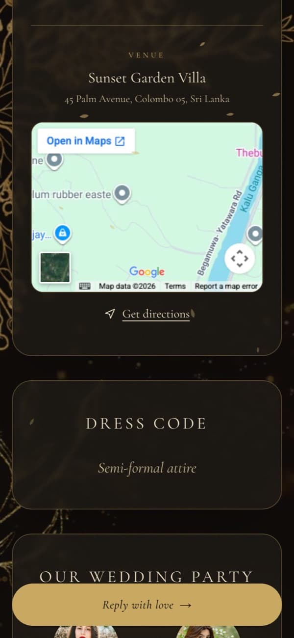 Event and venue details with a map in the Royal Dark wedding invitation