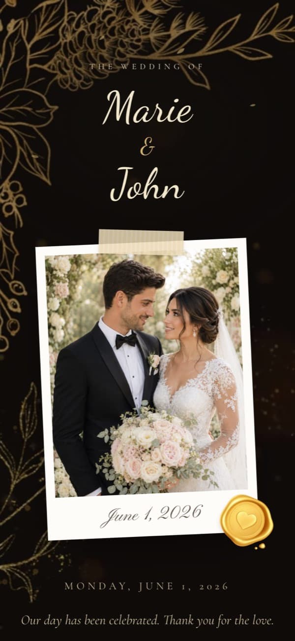 Royal Dark wedding invitation template, shown with sample names and photo