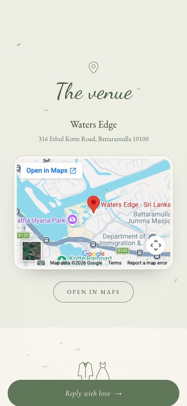 Event and venue details with a map in the Sage Garden wedding invitation