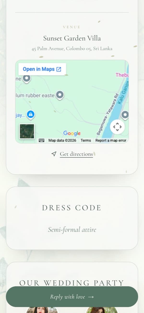 Venue, map and reply button on a wedding website in the Tropical Garden template